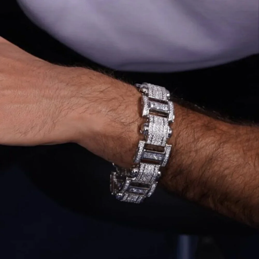 New Men's Rhodium Plated 925 Sterling Silver Chunky CZ Hip Hop Link Bracelet